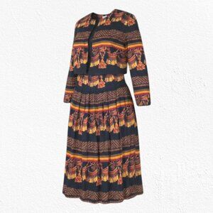 1980s Vintage Orange Black Retro Tapestry Crop Blazer Skirt 2 Piece Set Size 12